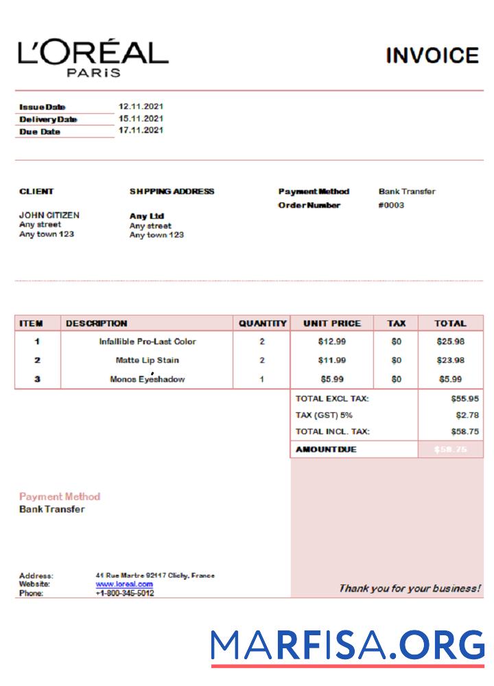 Realistic USA L’oreal Paris invoice sample